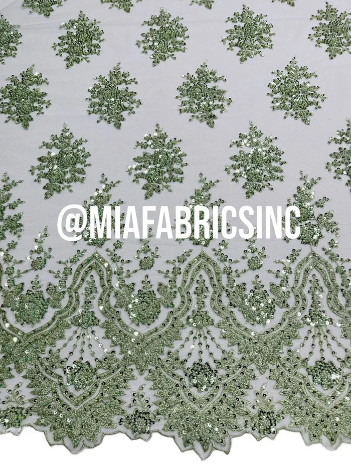Floral Cluster Beaded Fabric - Mint - Embroidered Fancy Fashion Design Beads and Sequins Sold by yard