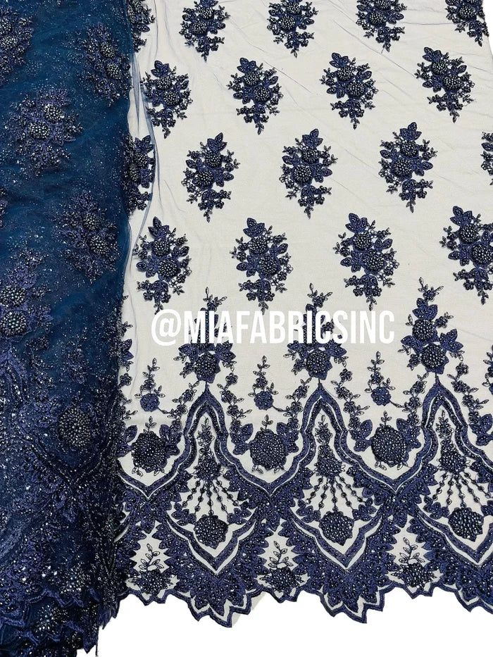 Floral Cluster Beaded Fabric - Navy Blue - Embroidered Fancy Fashion Design Beads and Sequins Sold by yard