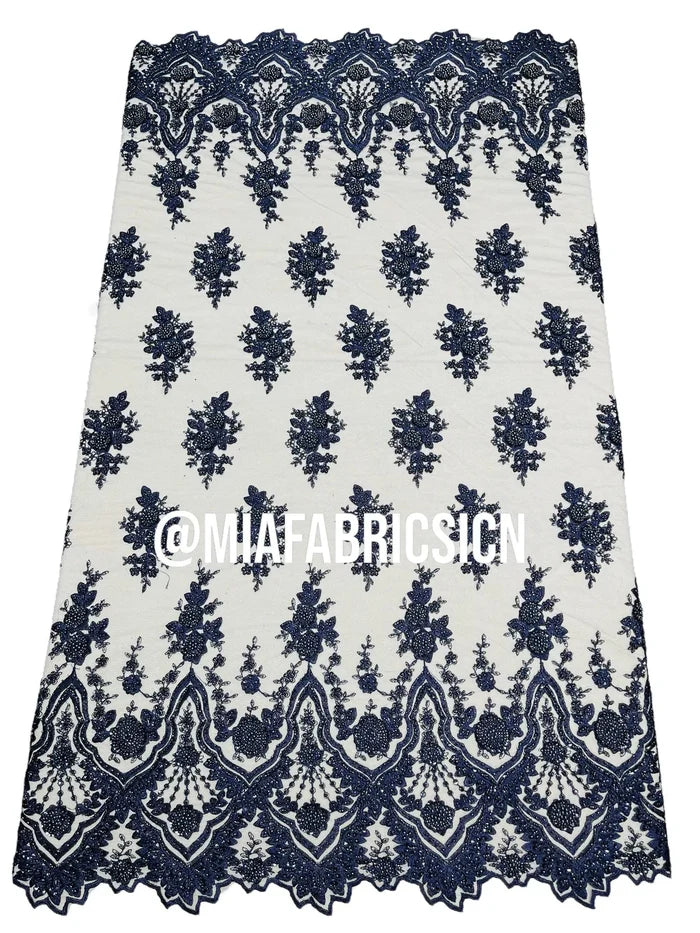 Floral Cluster Beaded Fabric - Navy Blue - Embroidered Fancy Fashion Design Beads and Sequins Sold by yard