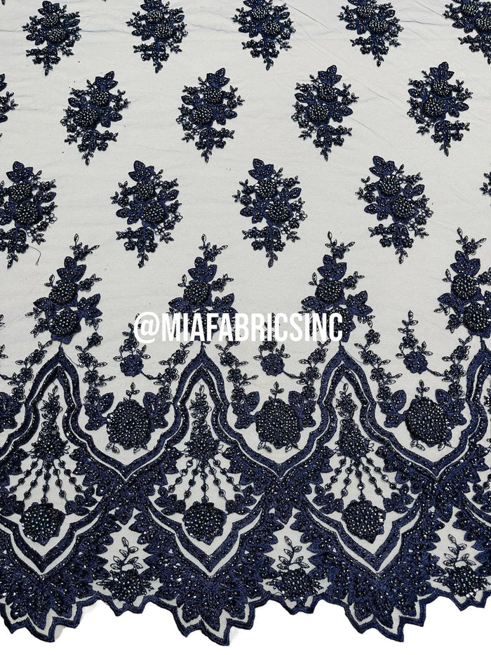 Floral Cluster Beaded Fabric - Navy Blue - Embroidered Fancy Fashion Design Beads and Sequins Sold by yard