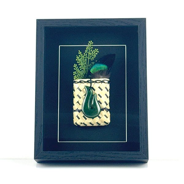Genuine NZ Greenstone Fish Hook Necklace in Shadow Box Wall Art - ShopNZ