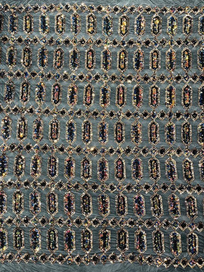 Geometric Stretch Sequin - Gold Iridescent on Black - Fancy Gem Design on Mesh By Yard