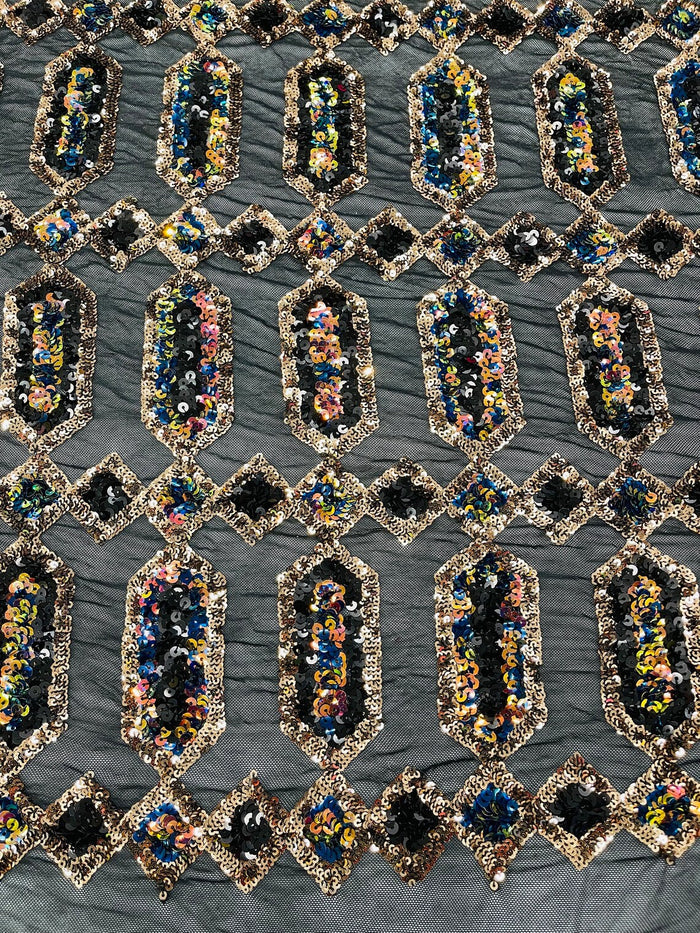 Geometric Stretch Sequin - Gold Iridescent on Black - Fancy Gem Design on Mesh By Yard