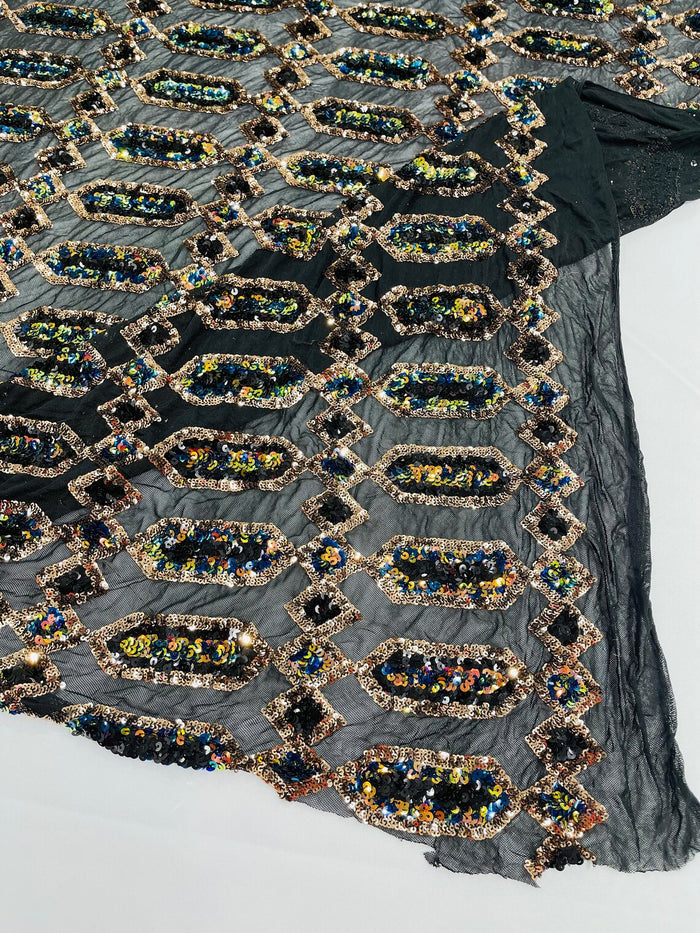 Geometric Stretch Sequin - Gold Iridescent on Black - Fancy Gem Design on Mesh By Yard