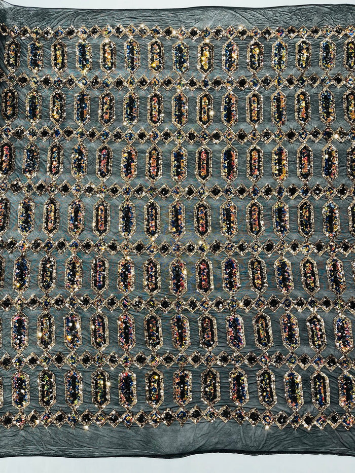 Geometric Stretch Sequin - Gold Iridescent on Black - Fancy Gem Design on Mesh By Yard