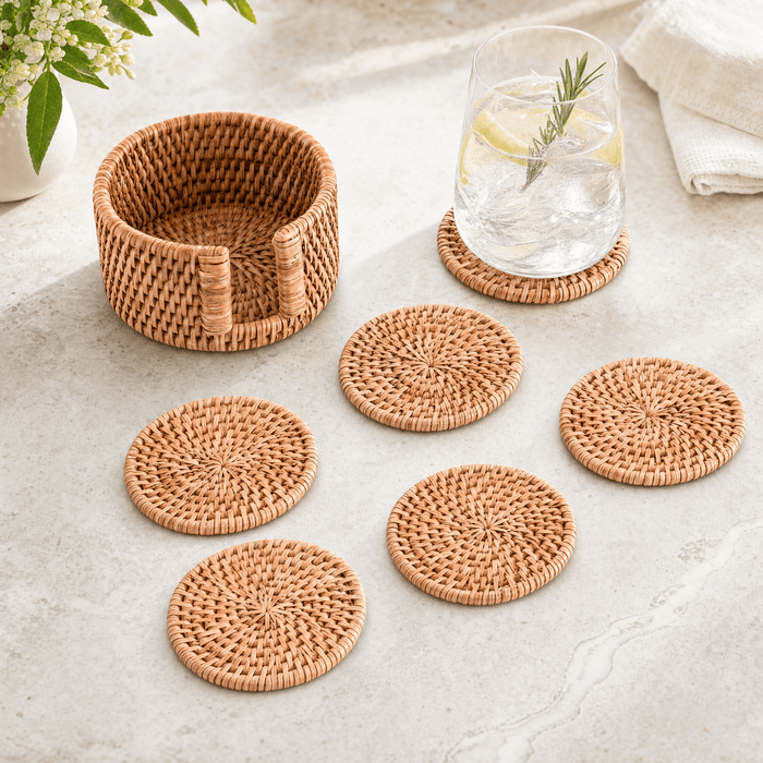 Hand Woven Rattan Wicker Coaster Set - 6 Coasters 2