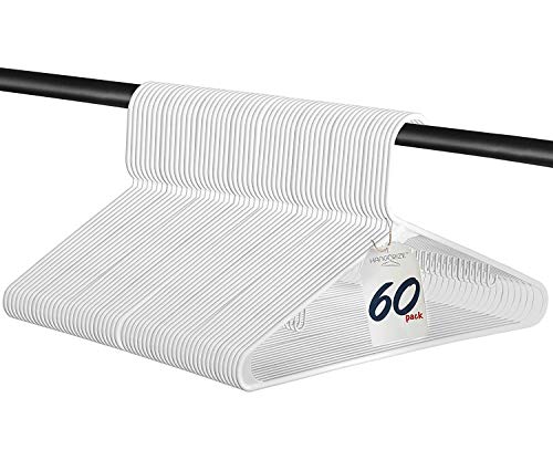 Hangorize 60 Standard Everyday White Plastic Hangers, Long Lasting Tubular Clothes Hangers, Value Pack of 60 Clothing Hangers. (60 Pack)