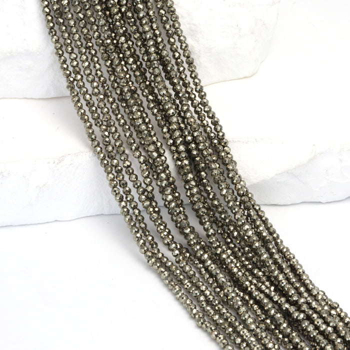 Natural Pyrite 2mm Faceted Rounds Bead Strand