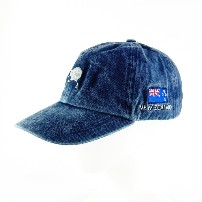 NZ Running Kiwi Bird Cap in Washed Navy with NZ Flag - ShopNZ