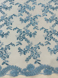 Sequin Lace Floral Fabric - Baby Blue - Flower Embroidered Sequins Lace Fabric Sold By Yard