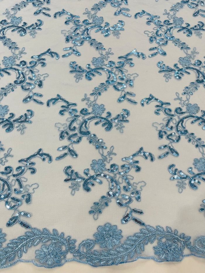 Sequin Lace Floral Fabric - Baby Blue - Flower Embroidered Sequins Lace Fabric Sold By Yard