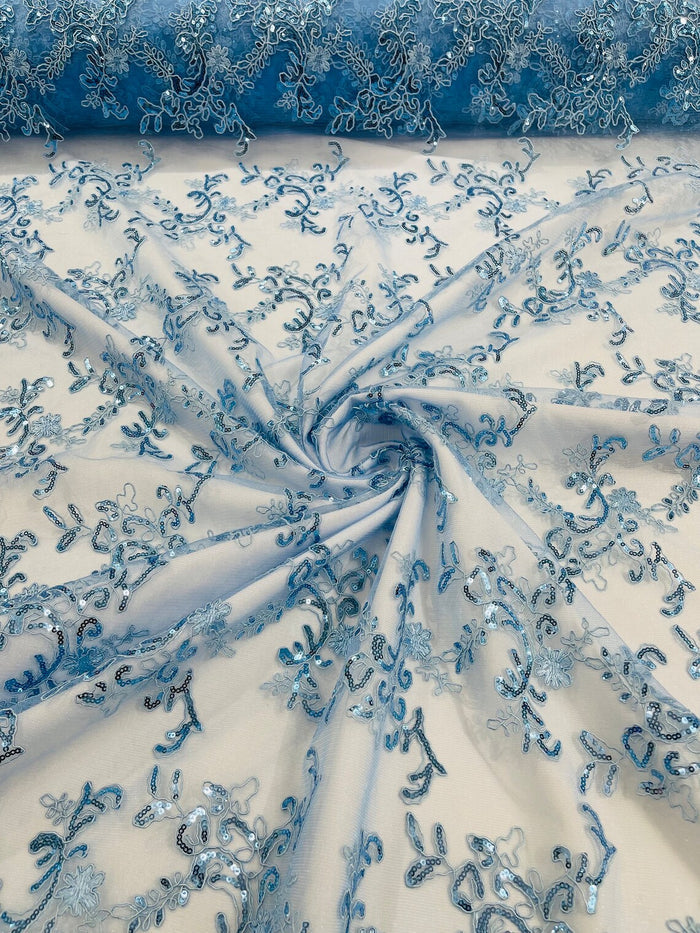 Sequin Lace Floral Fabric - Baby Blue - Flower Embroidered Sequins Lace Fabric Sold By Yard