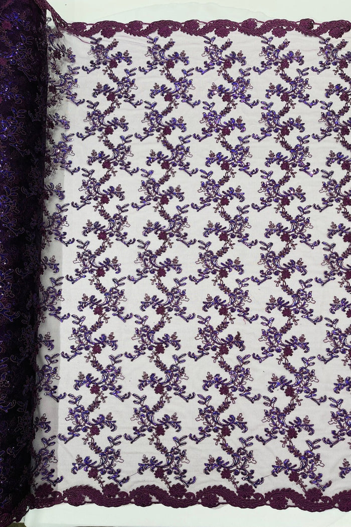 Sequin Lace Floral Fabric - Plum - Flower Embroidered Sequins Lace Fabric Sold By Yard