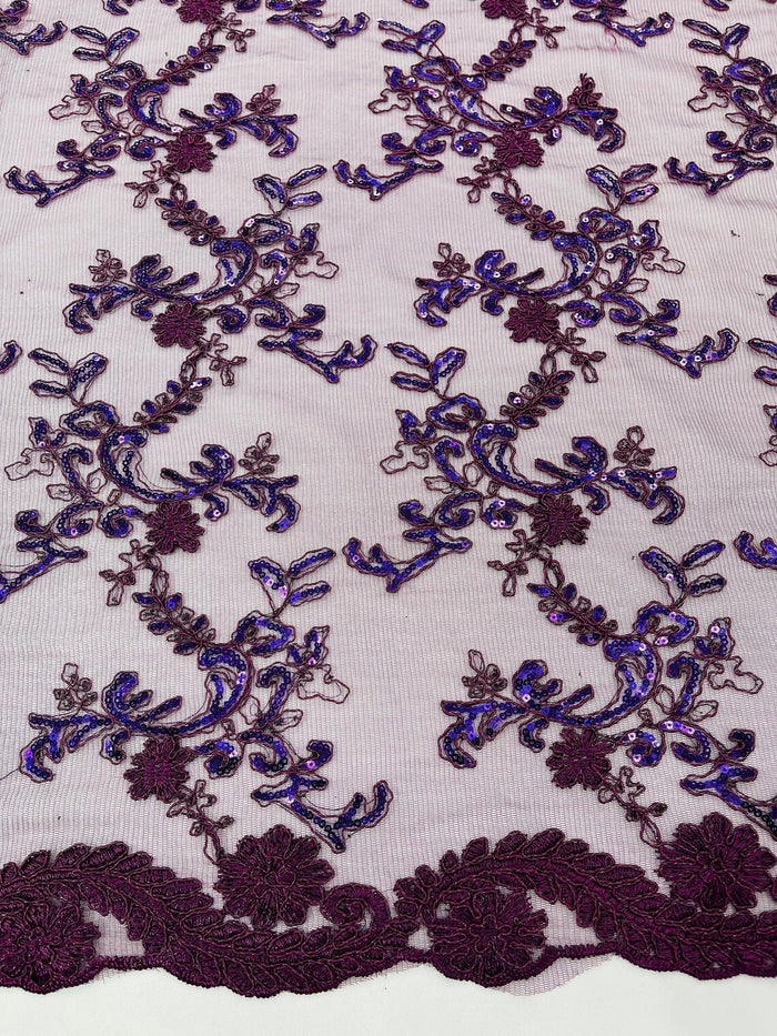 Sequin Lace Floral Fabric - Plum - Flower Embroidered Sequins Lace Fabric Sold By Yard
