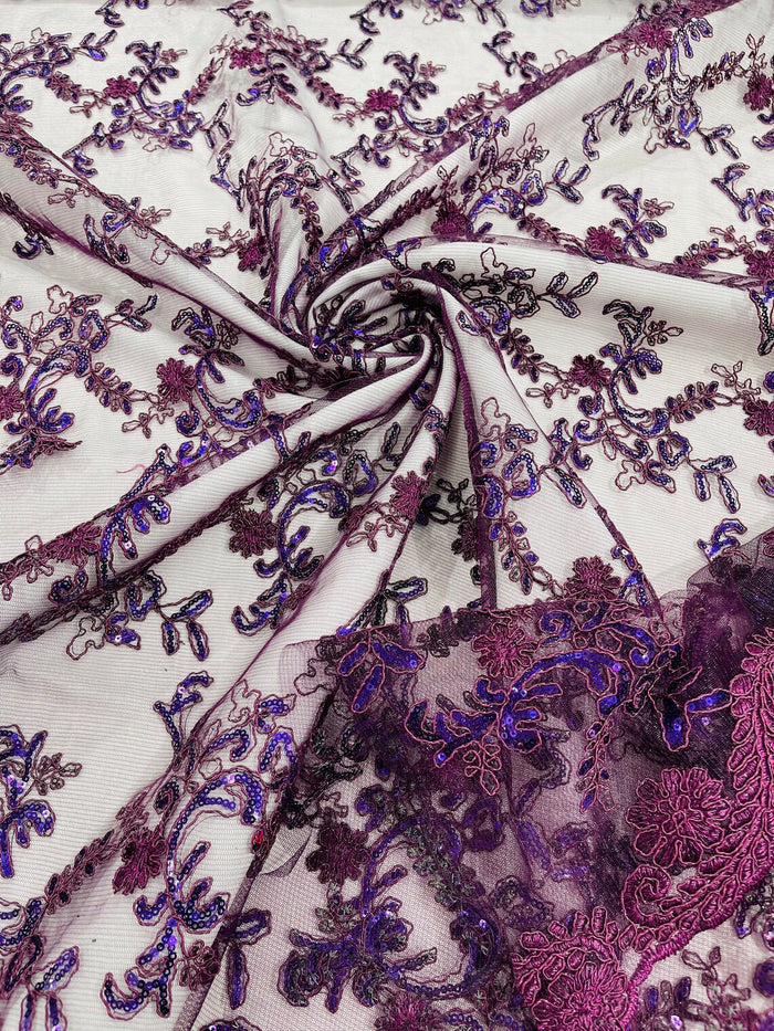 Sequin Lace Floral Fabric - Plum - Flower Embroidered Sequins Lace Fabric Sold By Yard