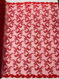 Sequin Lace Floral Fabric - Red - Flower Embroidered Sequins Lace Fabric Sold By Yard