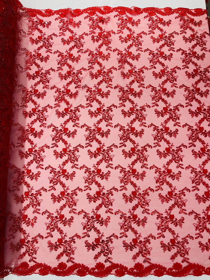 Sequin Lace Floral Fabric - Red - Flower Embroidered Sequins Lace Fabric Sold By Yard