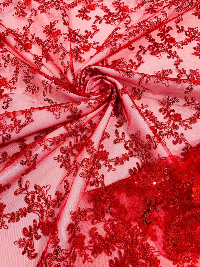 Sequin Lace Floral Fabric - Red - Flower Embroidered Sequins Lace Fabric Sold By Yard