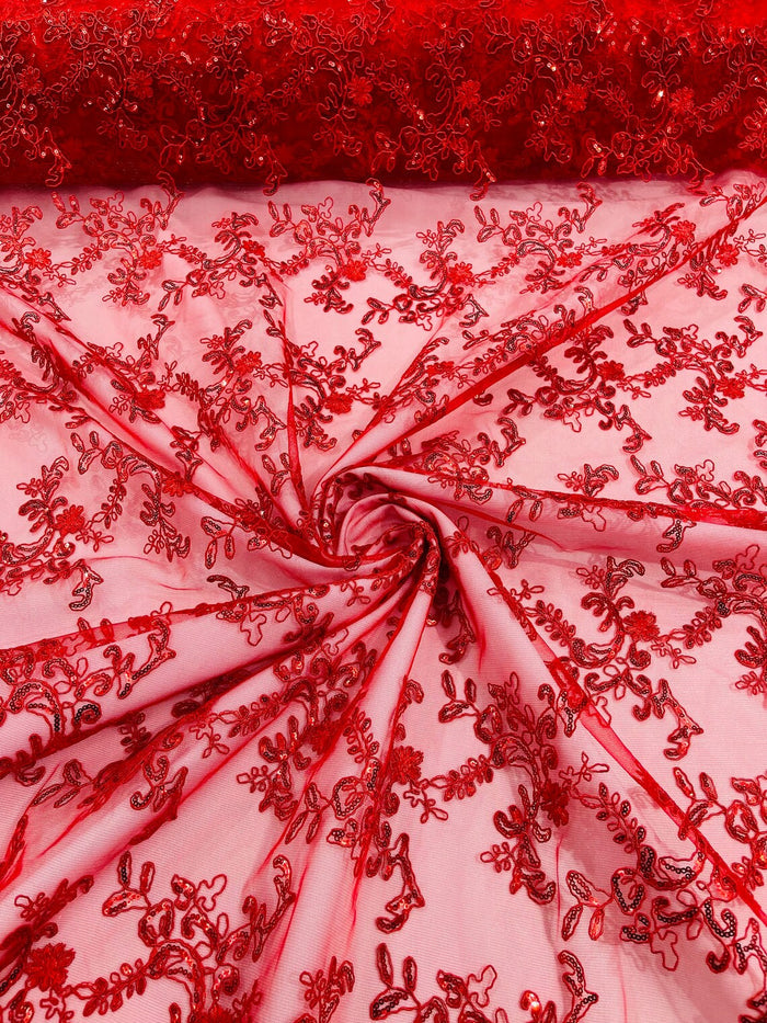 Sequin Lace Floral Fabric - Red - Flower Embroidered Sequins Lace Fabric Sold By Yard