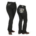 Front and Back view of Centenario women’s black bootcut jeans showing embroidered rhinestone pocket design